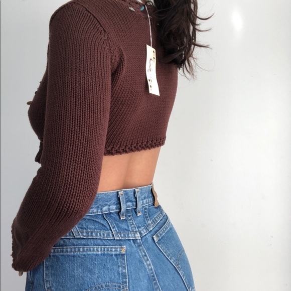 NWT Edge brown front tie knit cropped top S - Picture 4 of 7